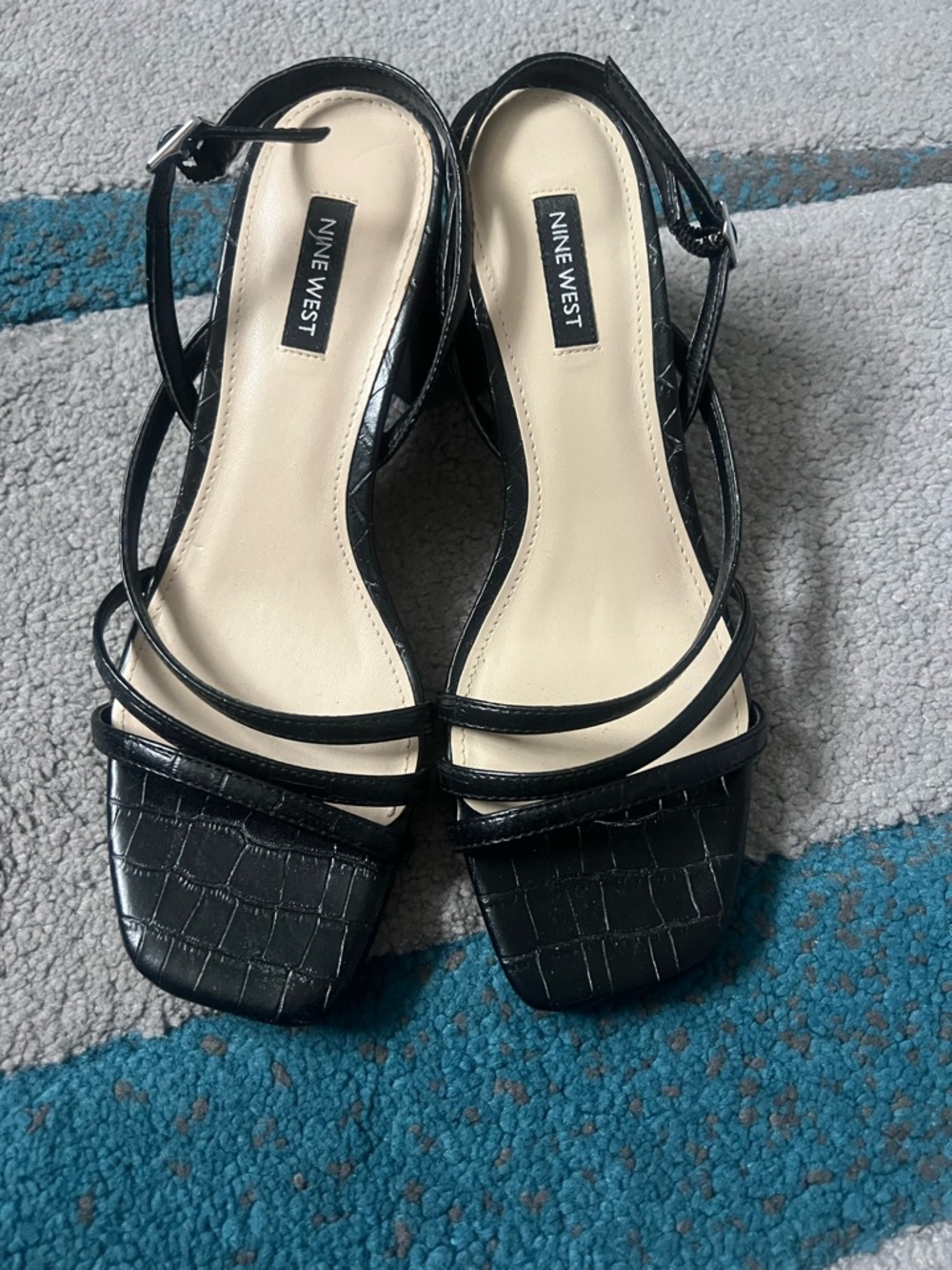 Nine West Black Croc-Embossed Strappy Square-Toe Sandals
